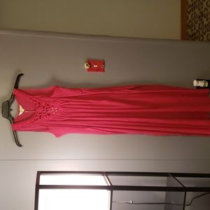 Pia Rossini Fuchsia Sleeveless Maxi Split Side Sundress Lace Embellished